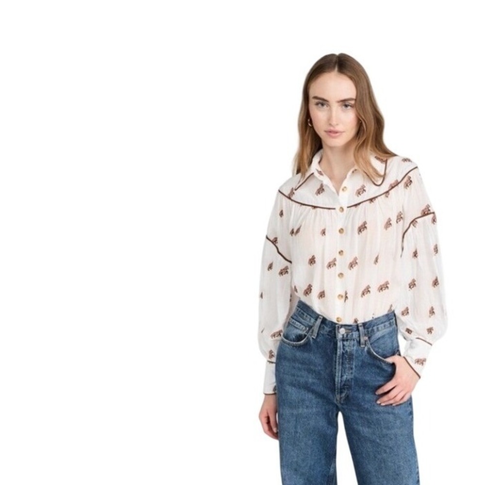 Farm Rio Embroidered‎ Horse Blouse White Brown Western Button Up Boho Top Small